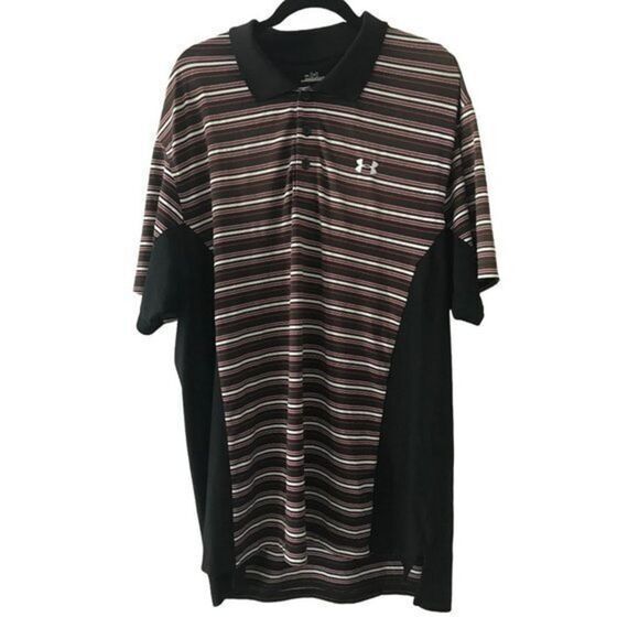 Under Armour Men's Size 2XL Red Striped Collared Short Sleeve‎ Henley Shirt - Picture 1 of 5